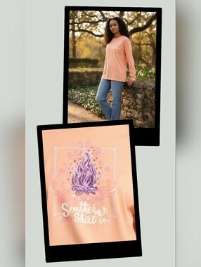 SSCO Papaya Women’s Long-Sleeve Peach Pocket Tee With Campfire On Back